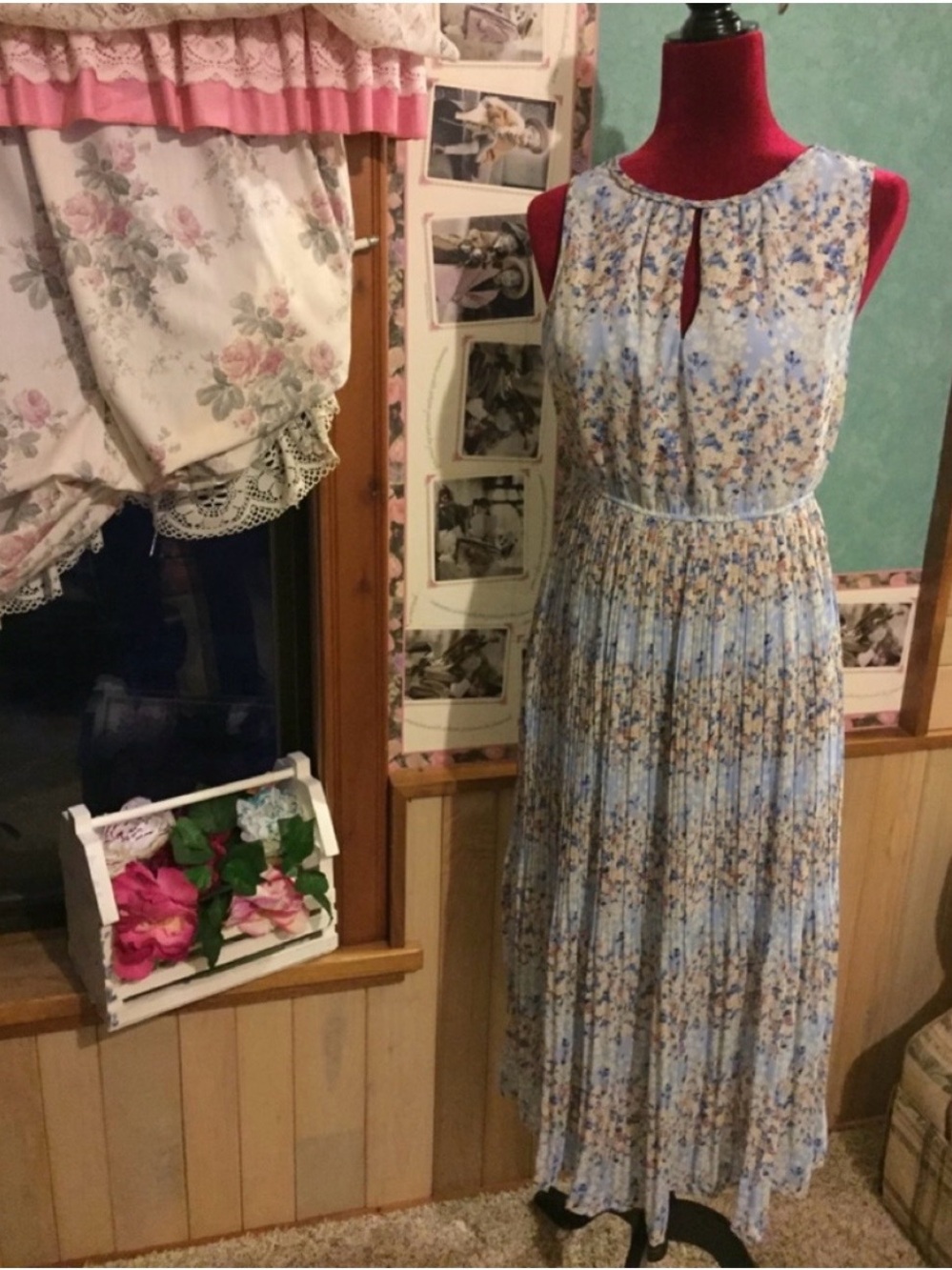 Maison Jules Light Blue Floral Pleated Maxi Dress